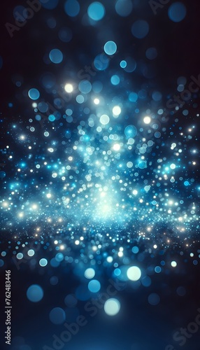 abstract background, background with a bokeh effect, consisting of various-sized blue glow light particles scattered across a wide 