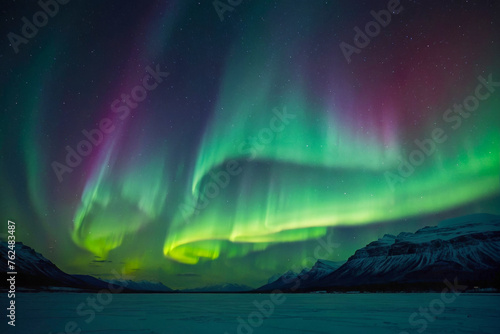 Northern lights at night. Scene is serene and peaceful, as the natural beauty of the auroras