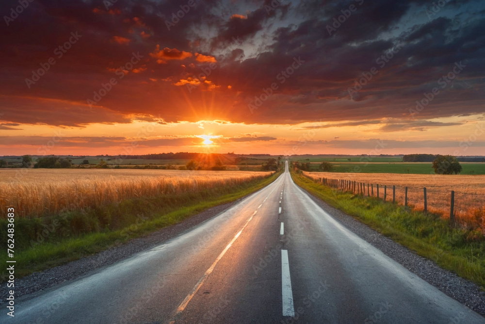 A long road with a sunset in the background. The sky is cloudy and the sun is setting