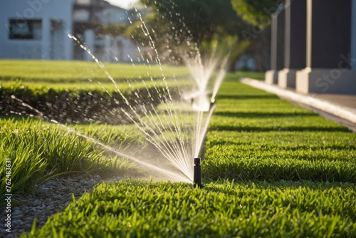 A sprinkler is watering a garden. The water is spraying out of the sprinkler and onto the grass