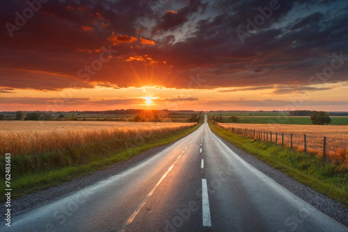 A long road with a sunset in the background. The sky is cloudy and the sun is setting © polack