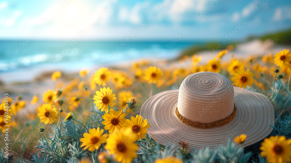 Sunny day on the beach with straw hat and yellow flowers.