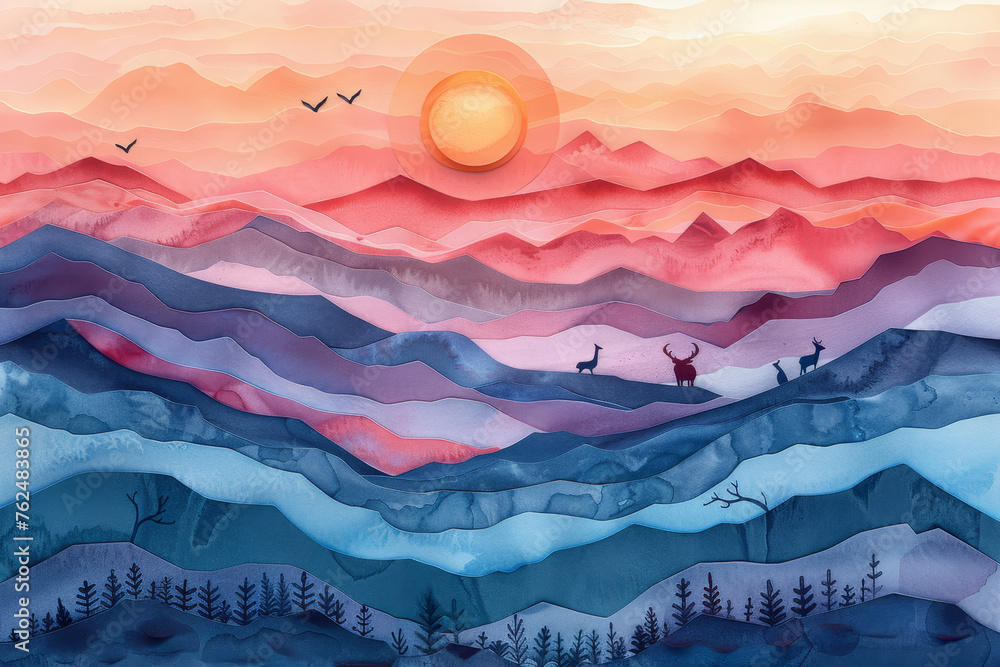 A tranquil sunset scene in paper art, showcasing silhouetted deer against a backdrop of layered mountains and flying birds..