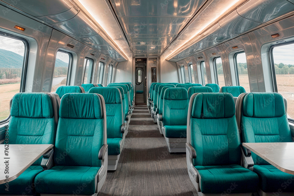 Empty cabin of a modern passenger train. Empty blue-green seats in two rows on each side with a wide edge, view of the corridor, no people.
