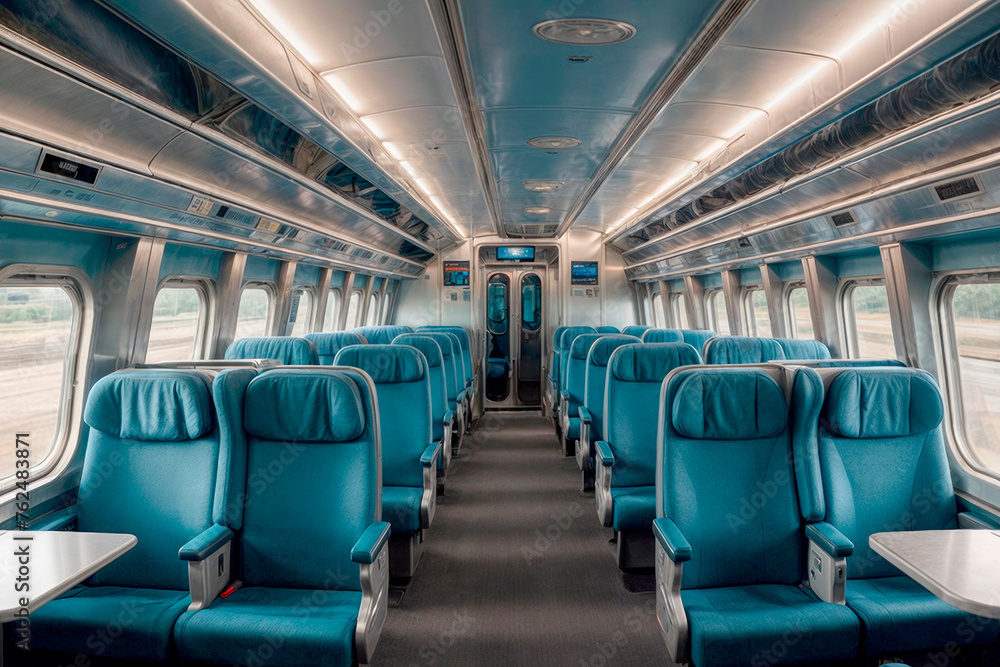 The image shows the inside of a silver and blue train car with rows of blue seats. European train The image shows the inside of a silver and blue train car with rows of blue seats. European train