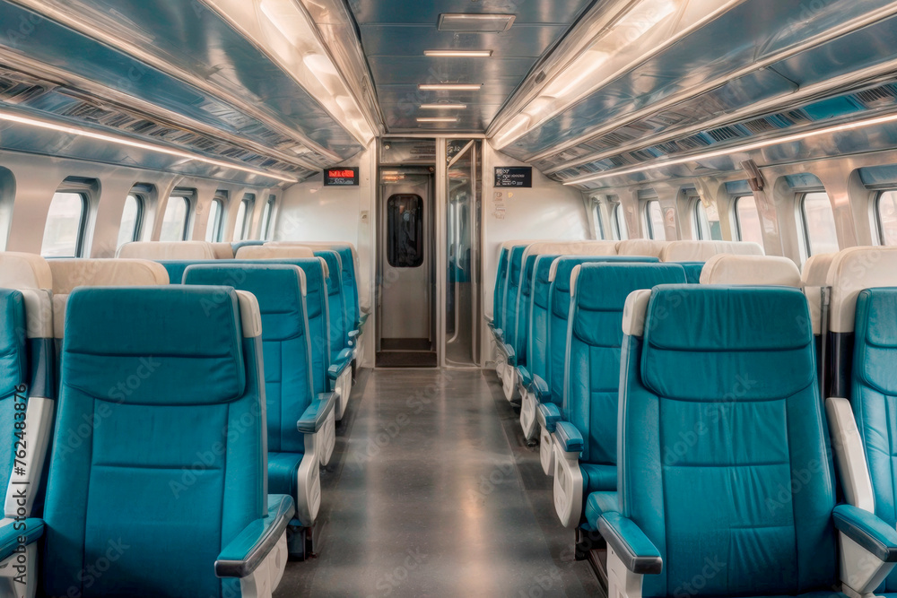 The image shows the inside of a silver and blue train car with rows of blue seats. The image shows the inside of a silver and blue train car with rows of blue seats.