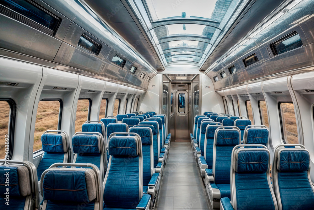 The image shows the inside of a silver and blue train car with rows of blue seats. The image shows the inside of a silver and blue train car with rows of blue seats.