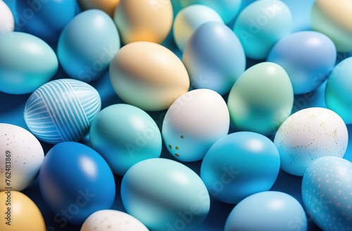 happy Easter. Colorful eggs on a blue background. Horizontally. An atmospheric  beautiful  stylish postcard. Easter holiday.