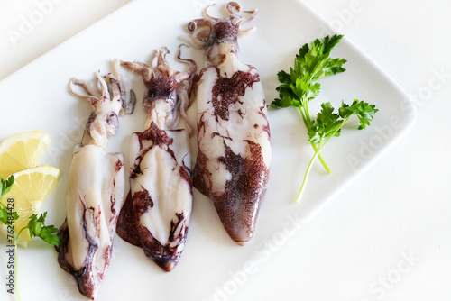 Calamari crudi freschi con limone e prezzemolo su un piatto bianco. Concetto di sfondo di frutti di mare. photo