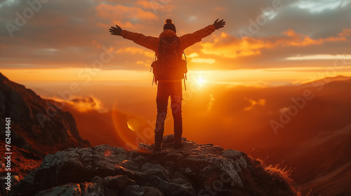 Hiker at the top of the mountain reaches the sun. The concept of success and achievement. © D-stock photo
