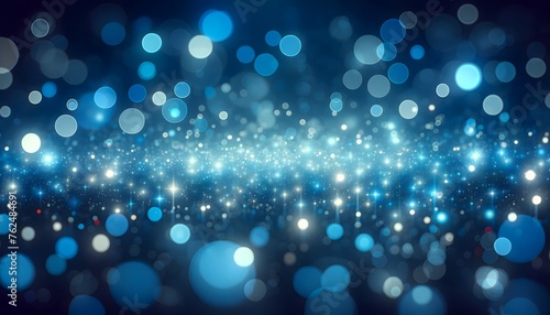 abstract background, background with a bokeh effect, consisting of various-sized blue glow light particles scattered across a wide 