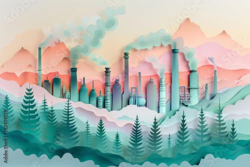 This paper crafted artwork juxtaposes a tranquil forest against a backdrop of an industrial cityscape, reflecting on nature versus urbanization..