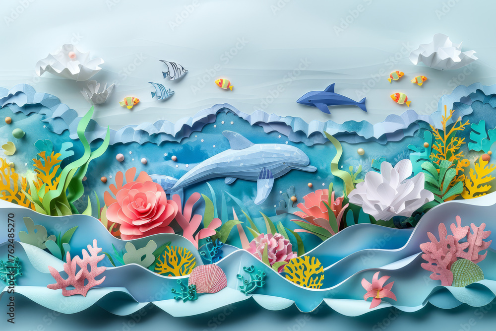 A tranquil ocean scene featuring a narwhal and fish among sea plants, all crafted from layered paper cutouts, in a stylized underwater setting. A tranquil ocean scene featuring a narwhal and fish among sea plants, all crafted from layered paper cutouts, in a stylized underwater setting.
