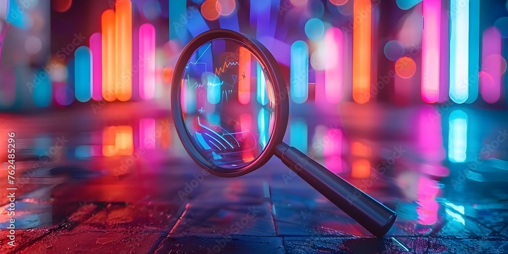 Analyzing SEO Data with a Neon Screen and Digital Magnifier. Concept SEO Analysis, Neon Screen, Digital Magnifier, Data Interpretation, Tech Tools - obrazy, fototapety, plakaty 