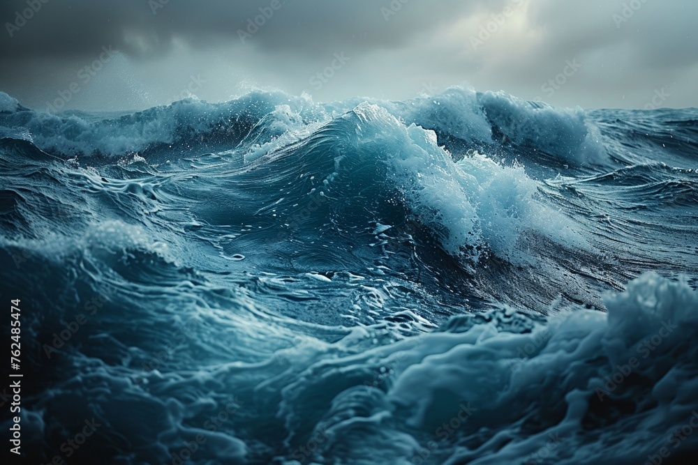 A stormy sea with powerful blue waves crashing, creating a dramatic and dynamic scene. - obrazy, fototapety, plakaty 