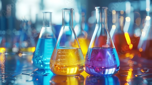 Colorful chemical flasks bubbling with vibrant liquids in a laboratory