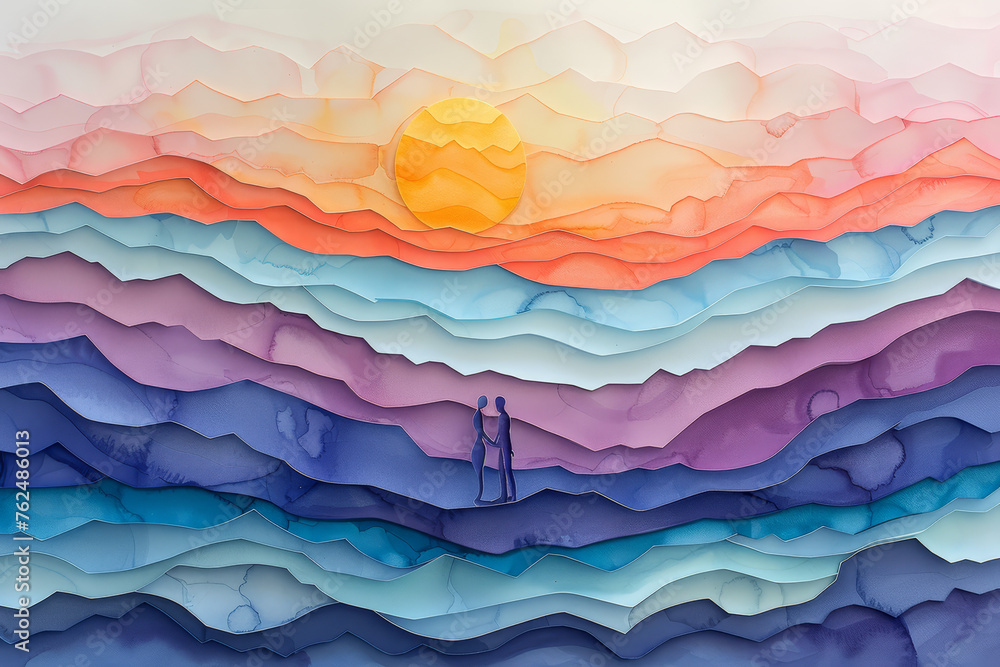 Fototapeta premium Silhouetted couple sharing a kiss against a vibrant abstract sunset over textured waves, evoking romance and passion.