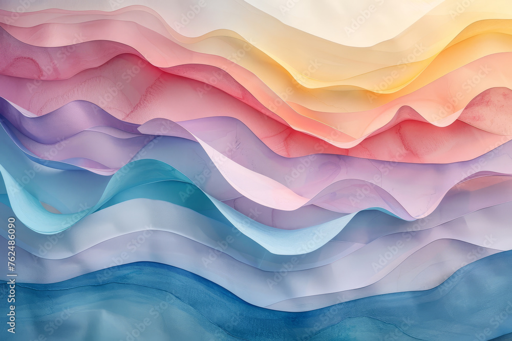 Abstract undulating paper waves in a gradient of pastel colors creating a dynamic and artistic background. Abstract undulating paper waves in a gradient of pastel colors creating a dynamic and artistic background.