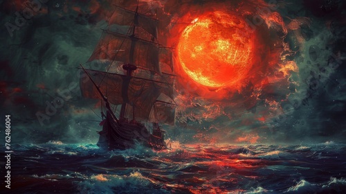 Flying Dutchman sailing under a blood-red moon, tattered sails billowing, surrounded by a swirling, spectral maelstrom