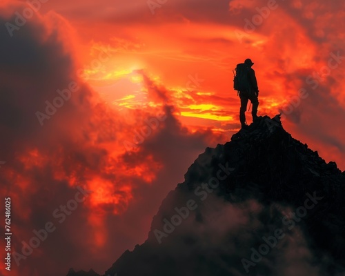 Silhouetted explorer on a ridge, fiery clouds above, adventure beckons
