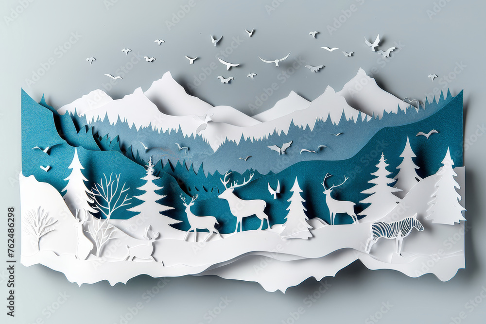 Artistic paper cutout of a winter wildlife scene with deer, trees, and flying birds, in shades of blue and white..