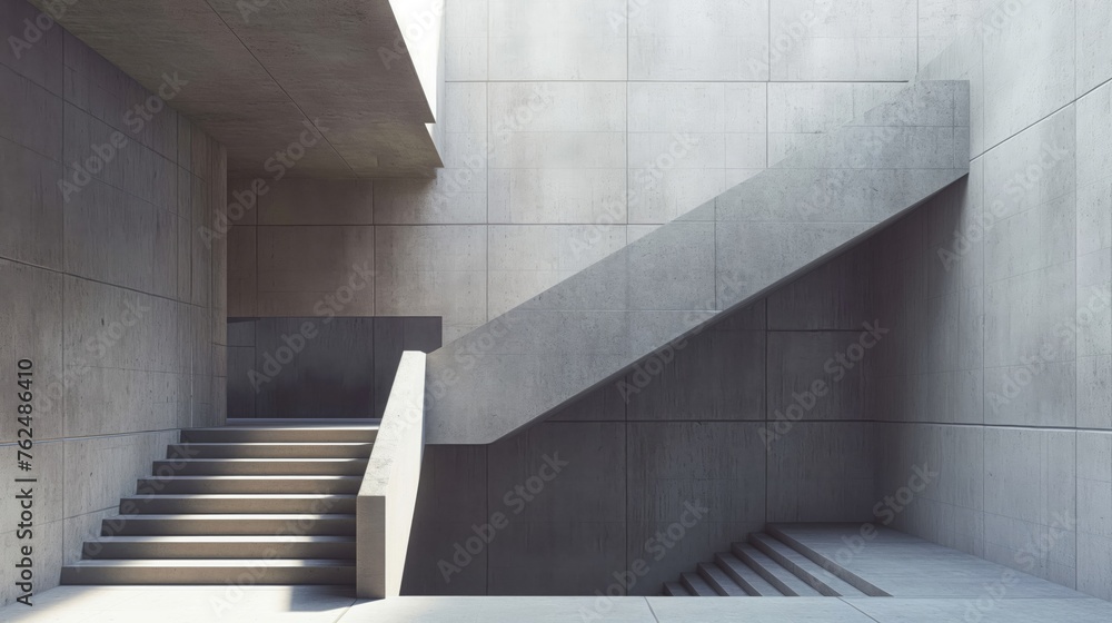 Obraz premium Sunlight filters through a minimalist concrete architecture with a clean-lined staircase
