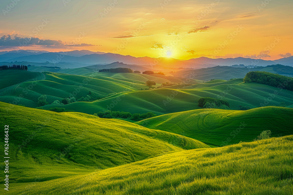 Obraz premium Rolling Green Hills Under Vibrant Skies