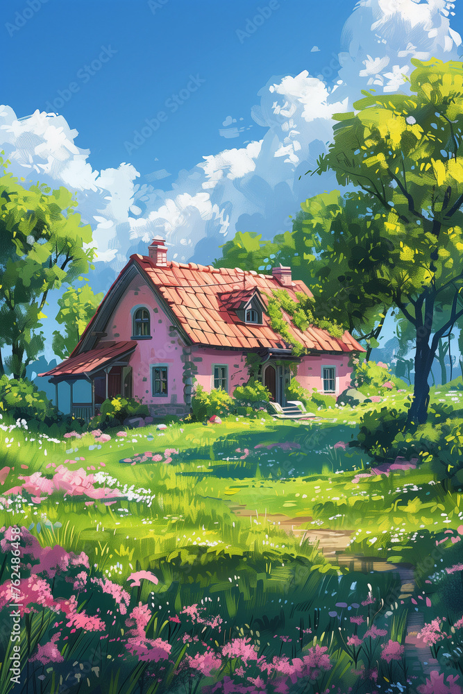 A cute rustic house in the woods in summer A cute rustic house in the woods in summer