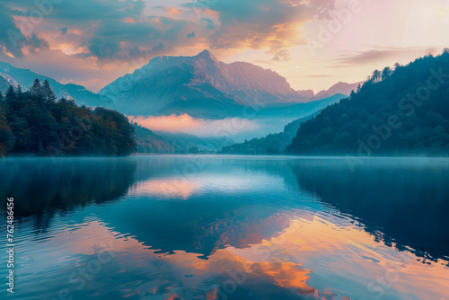Serene Lake Sunset with Majestic Mountain Backdrop