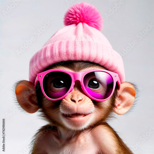 Cute little monkey wearing pink sunglasses and knitted hat