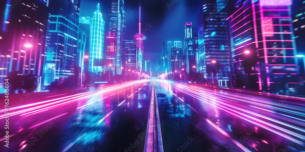 Sci fi cyberpunk modern city in neon light