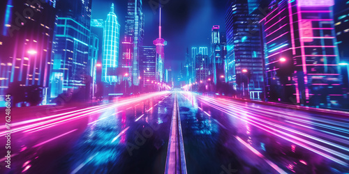 Sci fi cyberpunk modern city in neon light