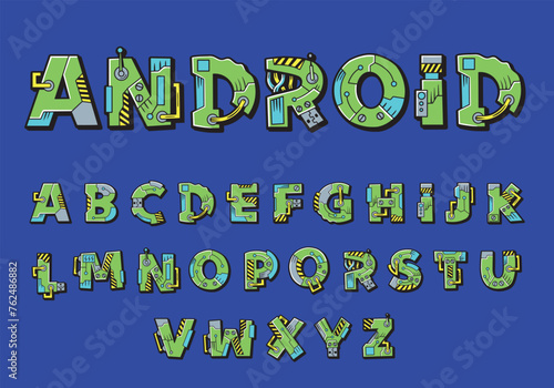 Android robot font. Cartoon green vector graffiti letters