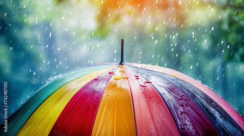 Colorful umbrella with raindrops set against a soft-focus natural background photo
