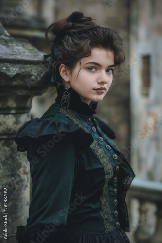 Victorian style clothes young woman queen on castle background © Mykhaylo