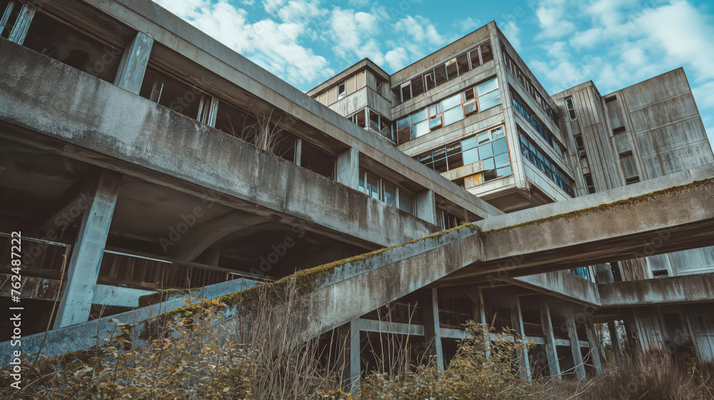 Eerie, desolate concrete structure overgrown with vegetation under a cloudy sky Eerie, desolate concrete structure overgrown with vegetation under a cloudy sky