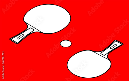 A vector illustration featuring two white silhouette table tennis racket outlines with black contours, accompanied by ping-pong balls, all set against a vibrant red background
