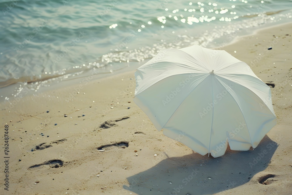 White beach umbrella and footprints