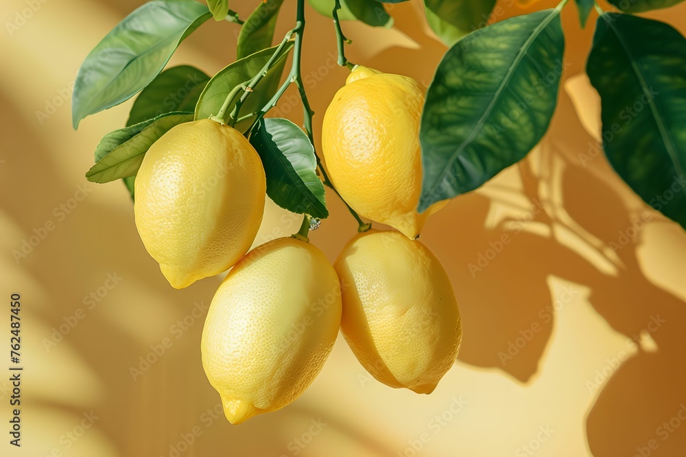 Fresh lemon hanging from a tree branch in a lush garden with yellow background