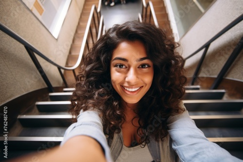 Young beautiful smiling happy girl taking selfie. Generative AI.