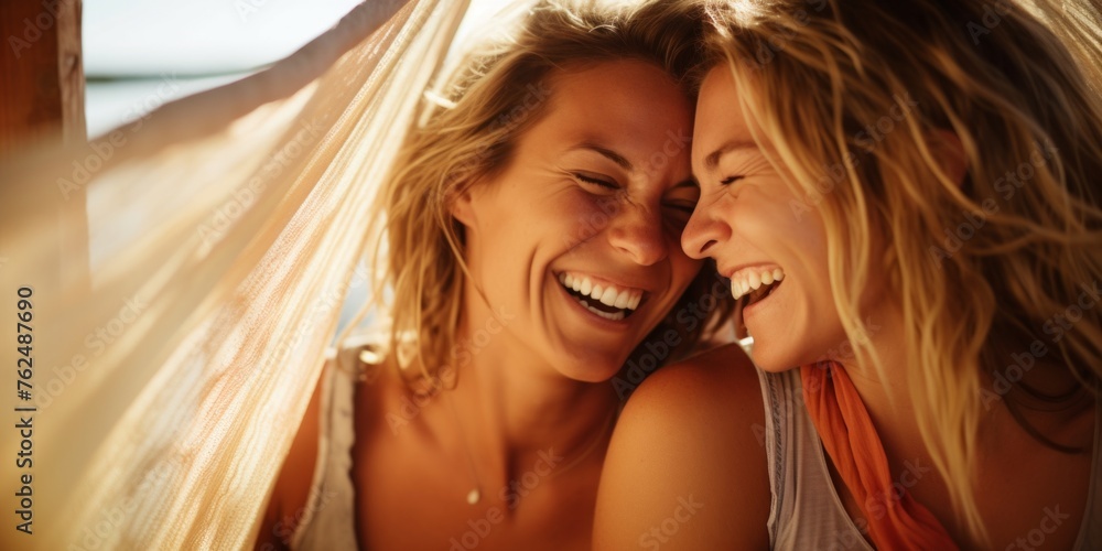 Happy lesbian couple in a hammock. Girls relax in nature, laugh with happiness. Generative AI.