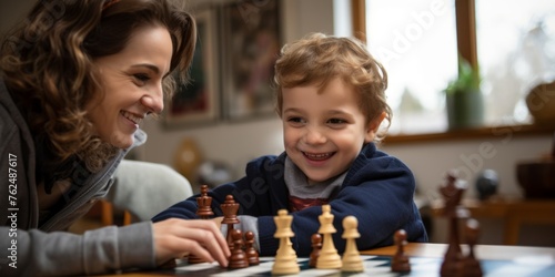 A boy plays chess with his mother. Generative AI.