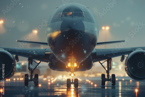 Following landing at airport, airplane taxis make their way to terminal via runway AI Generative photo
