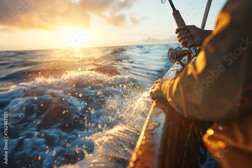 Golden Hour Fishing: Hands Casting a Rod at Sea