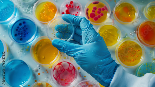 Scientist Examining Bacterial Colonies in Petri Dish