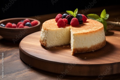 Exquisite cheesecake on a wooden board against a rice paper background