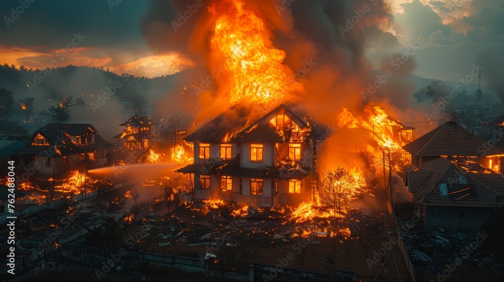 The small country house is overtaken by flames and smoke, causing property and shelter destruction. The small country house is overtaken by flames and smoke, causing property and shelter destruction.