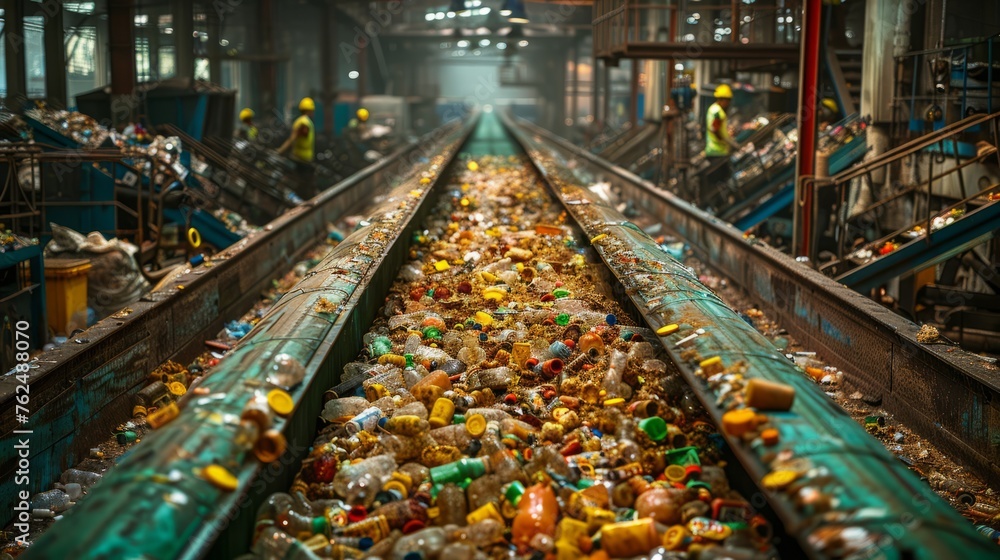 Conveyor belt in household waste processing plant, carrying garbage for sorting. Modern facility minimizes environmental impact and maximizes recycling efforts.