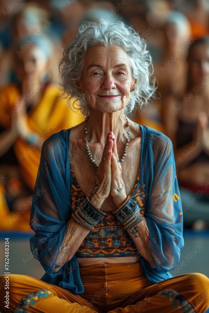 An elderly woman exudes joy and contentment while participating in a yoga class, her radiant smile reflecting her cheerful and contented state of mind. An elderly woman exudes joy and contentment while participating in a yoga class, her radiant smile reflecting her cheerful and contented state of mind.