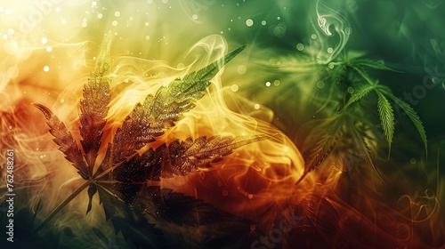Background with single marijuana leaf and smoke clouds in Rasta colors. Nature's art: Rasta smoke swirls. © Евгений Федоров